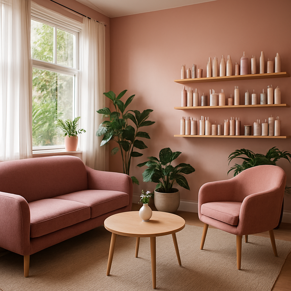 Cosy salon waiting area with warm lighting and premium haircare products on shelves