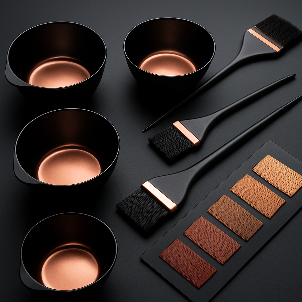 Premium hair colour bowls and mixing brushes arranged with rose-gold accents