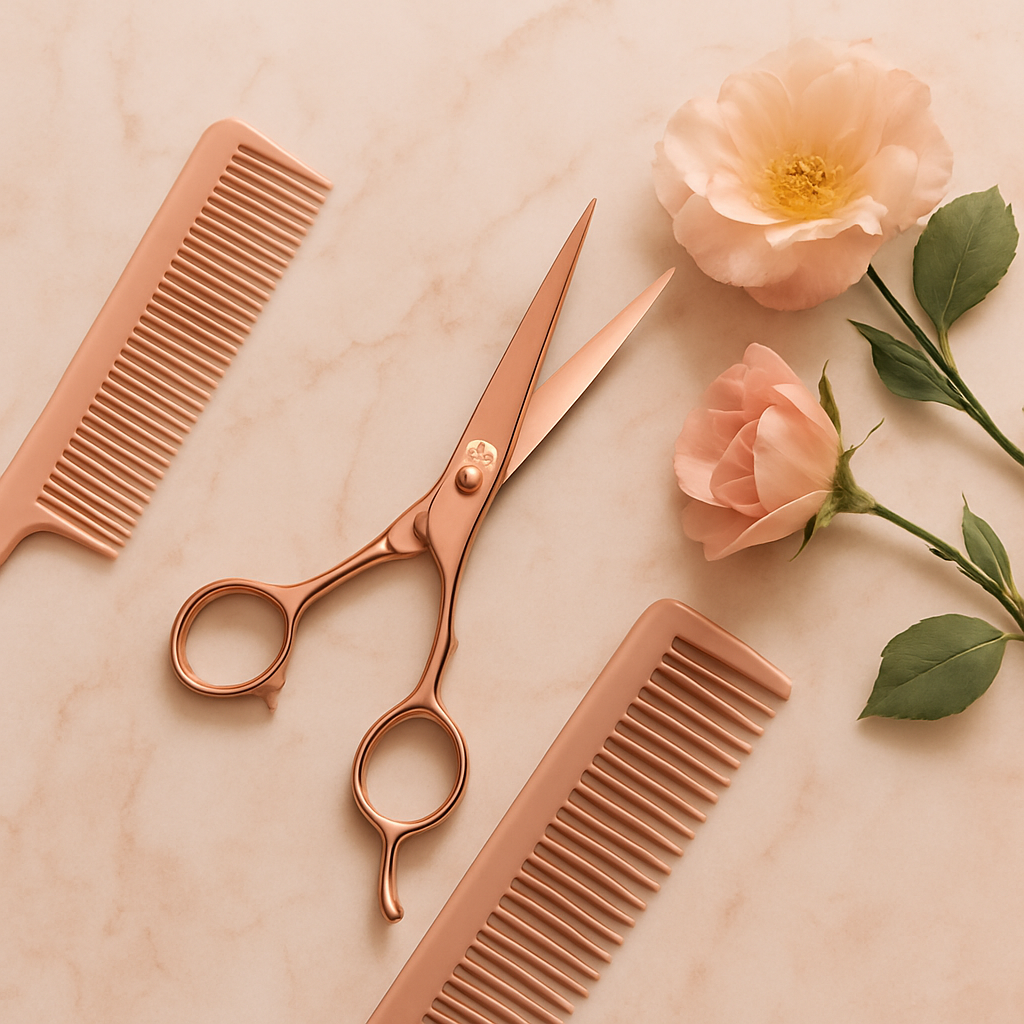 Professional haircutting scissors and styling combs on a marble surface